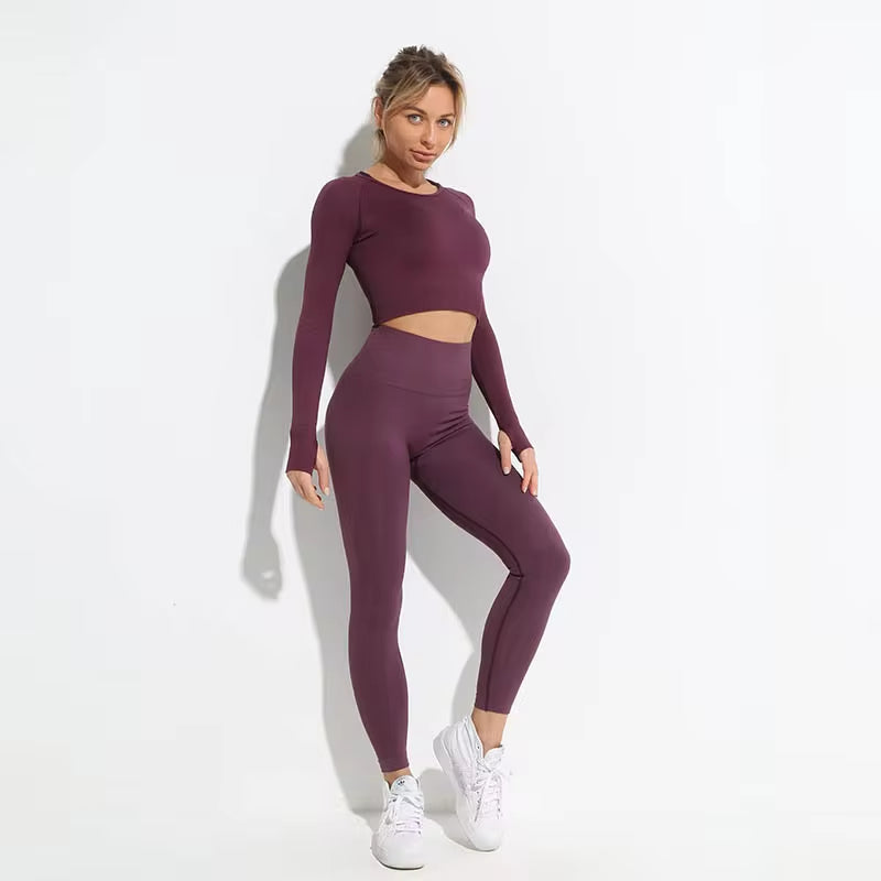 Seamless Hyperflex Women's Workout Set: Long Sleeve Crop Top and High Waist Leggings