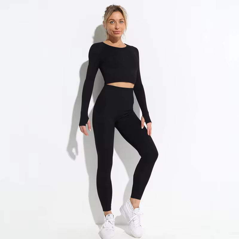 Seamless Hyperflex Women's Workout Set: Long Sleeve Crop Top and High Waist Leggings