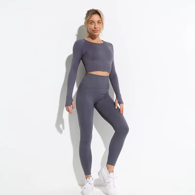 Seamless Hyperflex Women's Workout Set: Long Sleeve Crop Top and High Waist Leggings