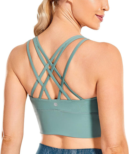 Women'S Strappy Longline Sports Bras - Wirefree Padded Medium Impact Workout Crop Tank Top Grey Feather Green Medium