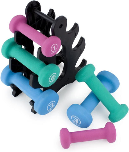 Hand Weights Dumbbells Set - 1, 2 and 3 Lbs with Rack - Soft and Comfortable Neoprene Weights Set for Home Gym - Indoor and Outdoor Dumbbell Sets with Rack