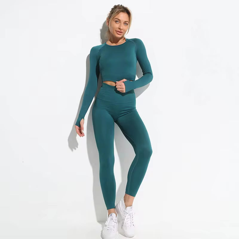 Seamless Hyperflex Women's Workout Set: Long Sleeve Crop Top and High Waist Leggings