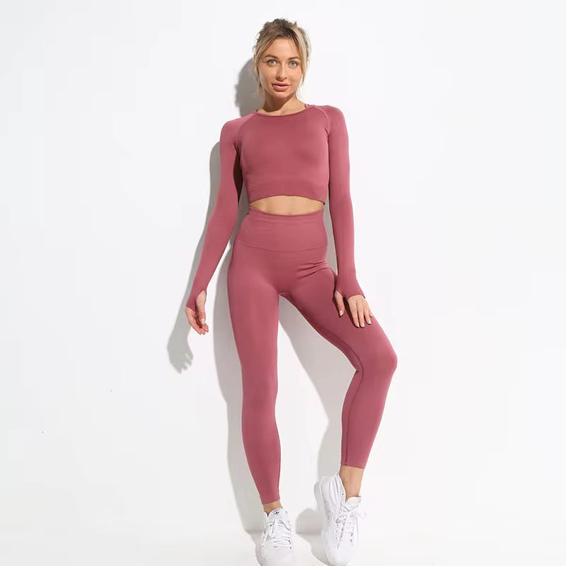 Seamless Hyperflex Women's Workout Set: Long Sleeve Crop Top and High Waist Leggings