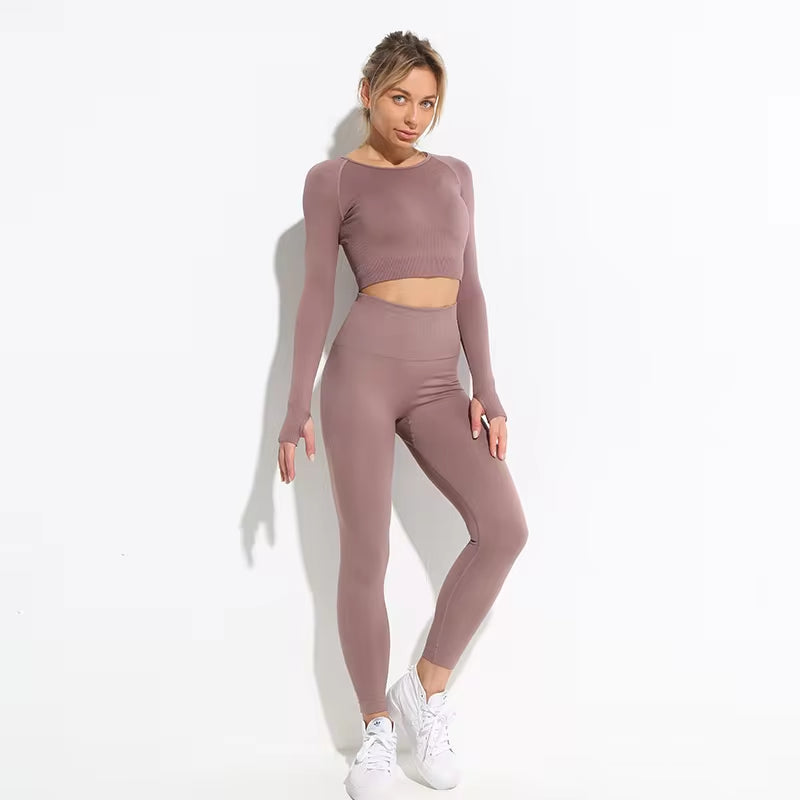 Seamless Hyperflex Women's Workout Set: Long Sleeve Crop Top and High Waist Leggings